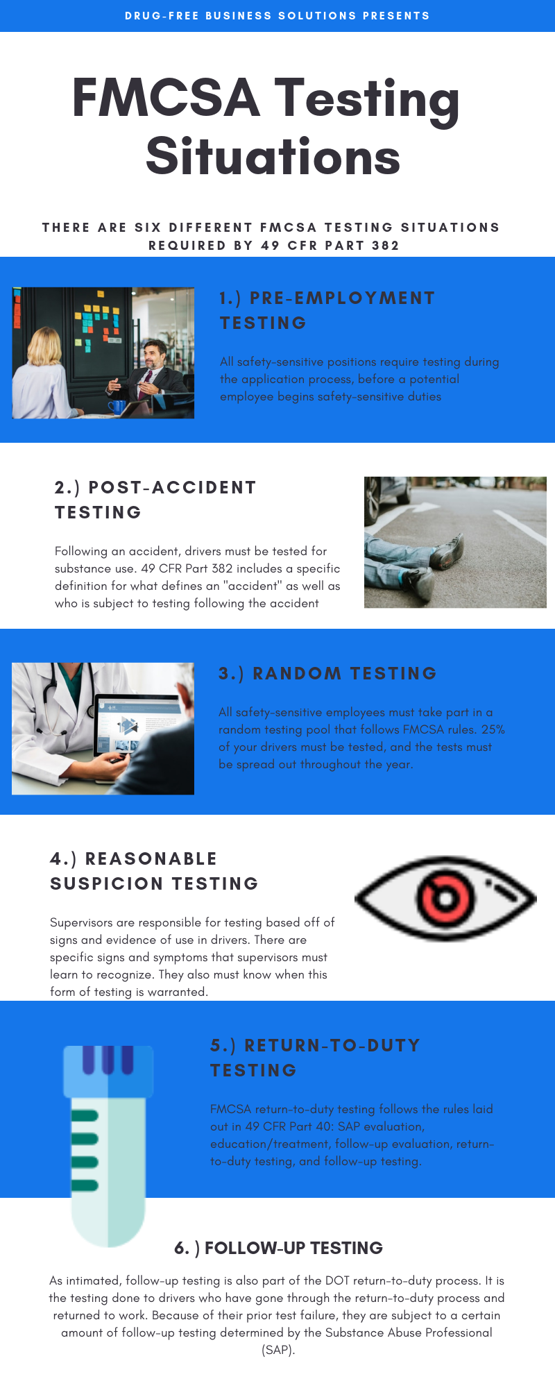 A visual summary of the six FMCSA testing situations as described in 49 CFR Part 382